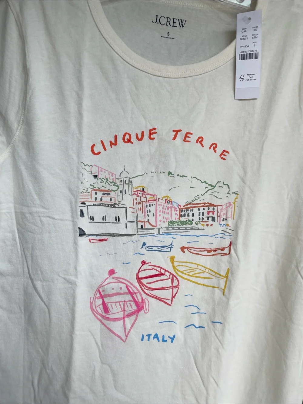 J. Crew Cinque Terre Italy Graphic Tee Size S Cream Multi Cotton Fitted NWT